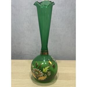 Bohemian Czech Glass Bud Vase Green Gold Trim Hand Painted Raised flowers 8"